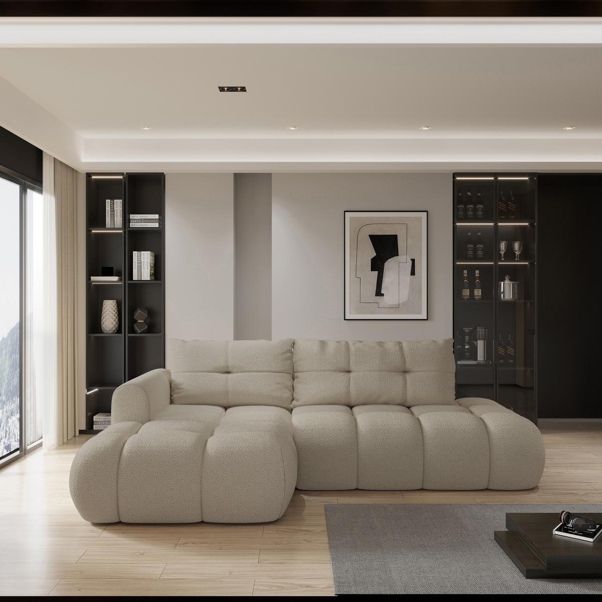 ECKSOFA FLUMA L-S Beige Boucle-Stoff mit Schlaffunktion - Beige, Holz (279/158cm) - MASSENO