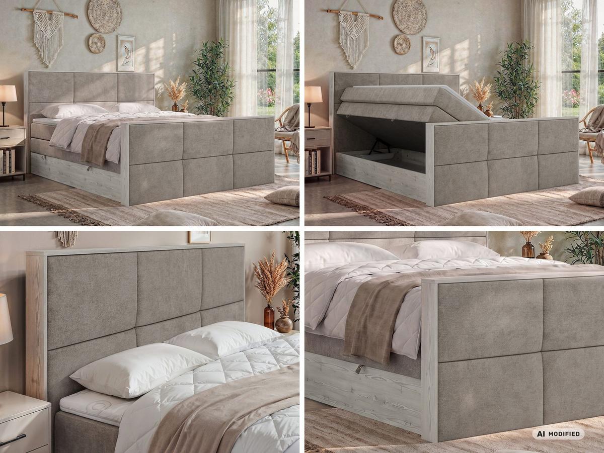 BOXSPRINGBETT DELNOR KING DUO 140/200 - Greige Stukture - Topper Visco - H4 - Greige/Schwarz, Kunststoff/Textil (140/200cm) - MKS