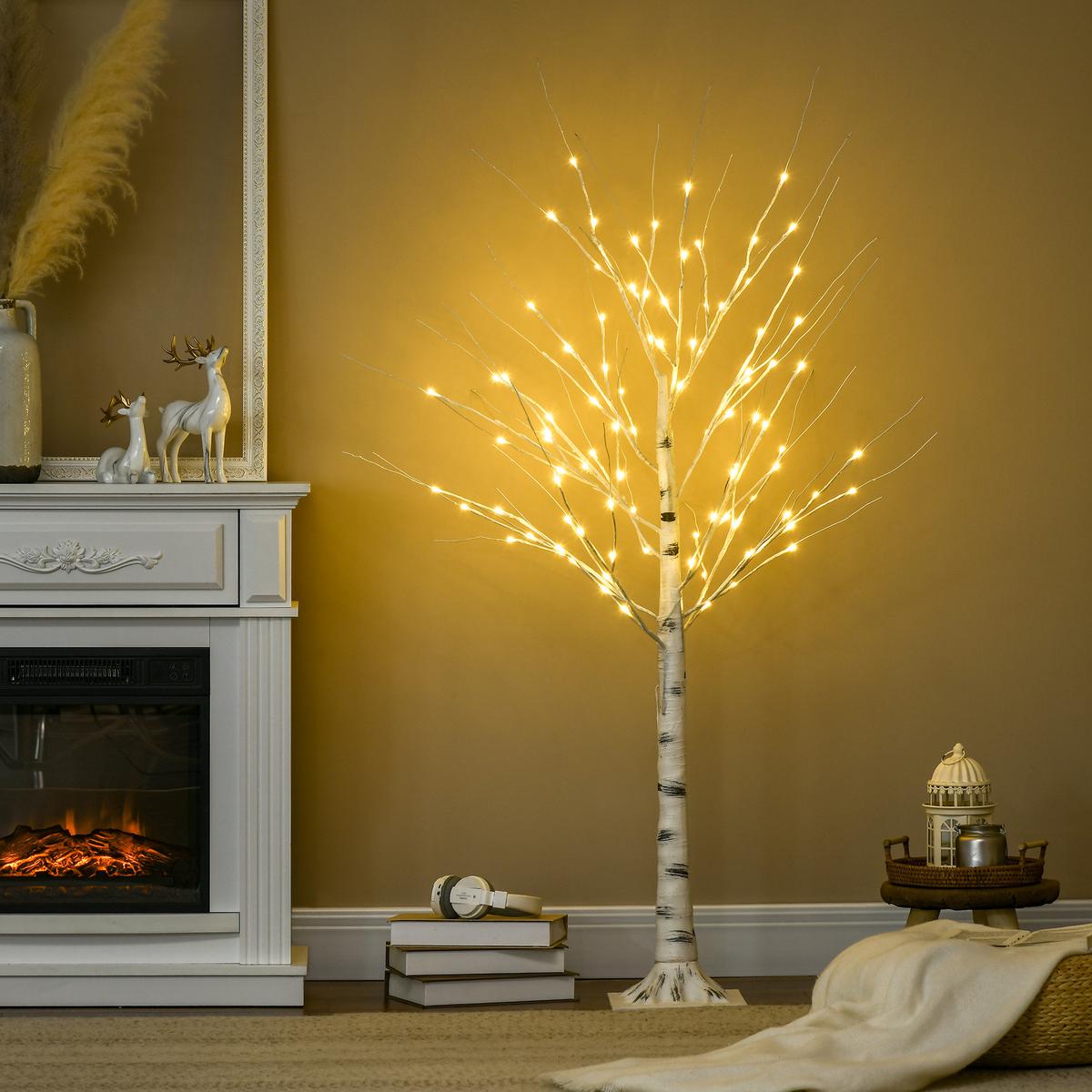 150 cm Kunstbirke Kunstbaum mit LED-Beleuchtung für Weihnachten Ostern Warmweiß - Weiß, Kunststoff (22/150/22cm) - HOMCOM