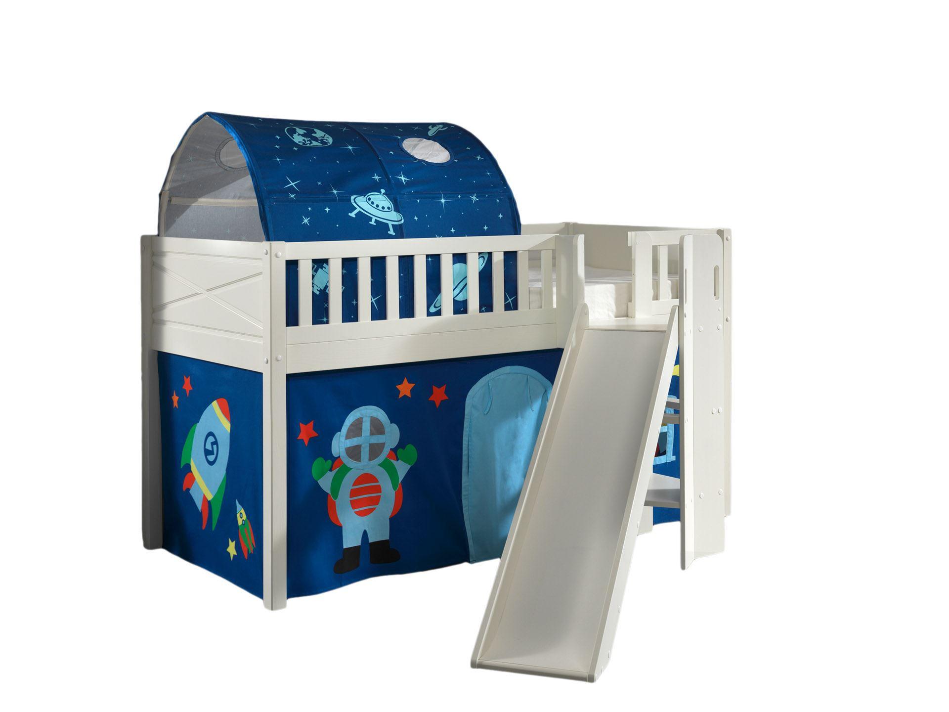 HOCHBETT mit Rutsche Karyl Massivholz Weiß Textilset Astro 2 - Blau/Weiß, Holz (90/200cm) - 58aufmkessel
