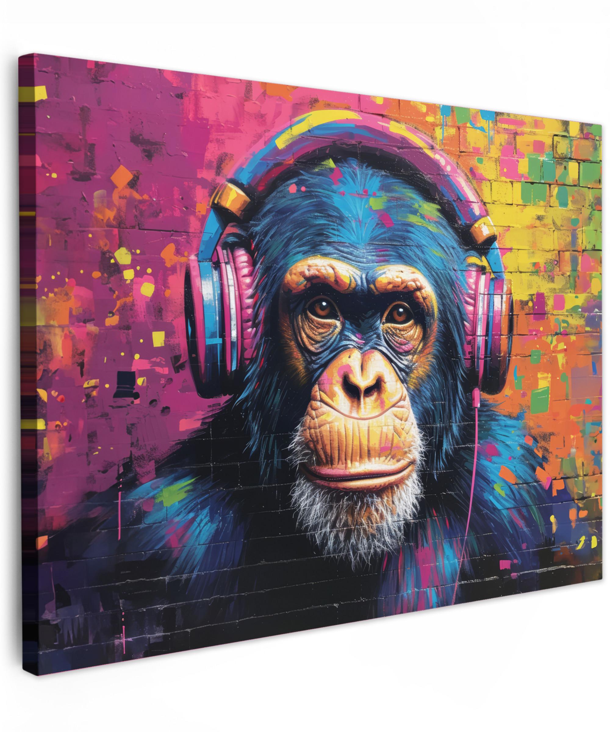 LEINWANDBILD Graffiti - Schimpanse - Straßenkunst - Kopfhörer - Affe Wandbild 40x30 cm - Blau, Textil (40/30cm) - MuchoWow