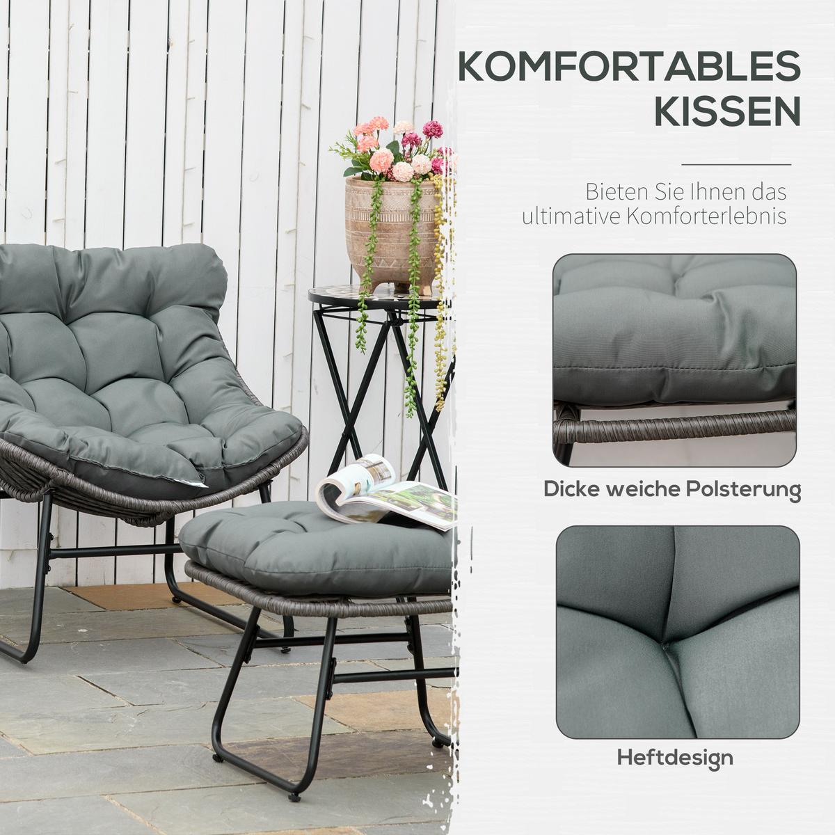 RELAXSESSEL mit Fußhocker Kissen Stahl Polyester Grau 69 x 76 x 70 cm - Grau, Kunststoff (76/70/69cm) - Outsunny