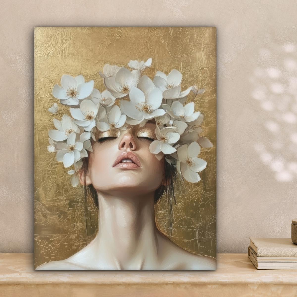 LEINWANDBILD Gesicht - Blumen - Gold - Abstrakt Room Decor 30x40 cm - Goldfarben, Textil (30/40cm) - MuchoWow