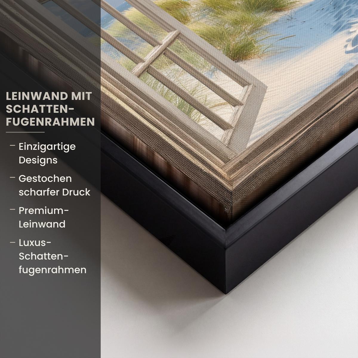 LEINWAND Bilder mit Rahmen - Aussicht - Strand - Fenster - Dünen - Meer - 40x30 - Hellblau, Textil (40/30cm) - MuchoWow