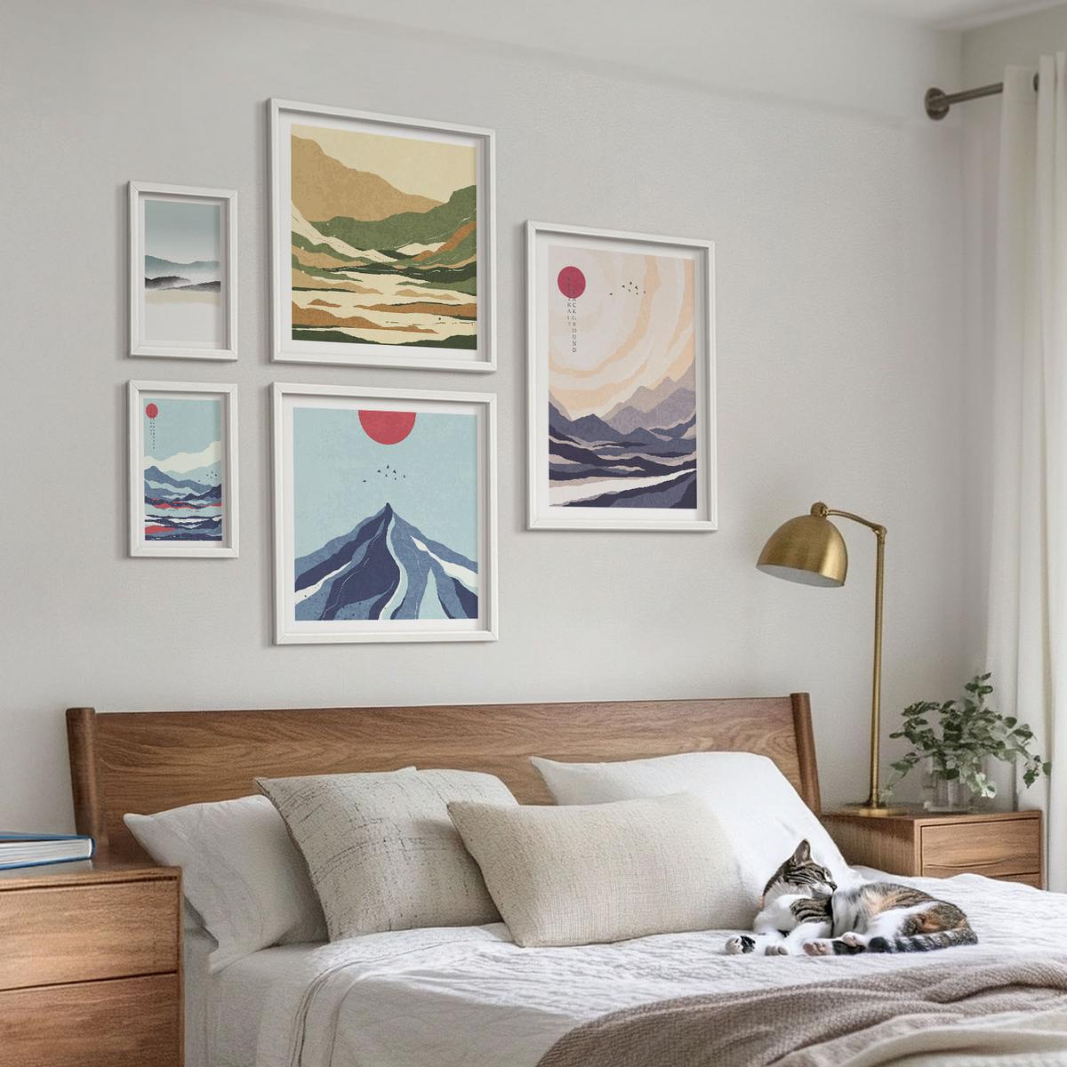 BILDER SET 5er Set - 50x50 cm & 20x30 cm & 40x60 cm Weißer Rahmen - Farbenfrohe abstrakte Flussberge - Weiß, Kunststoff (40/60cm) - TULUP