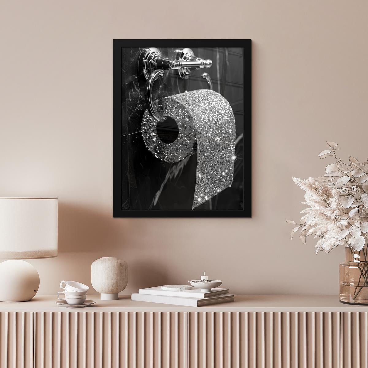 POSTER MIT RAHMEN WC - Toilettenpapier - Schwarz und weiß - Glitter Bilderrahmen 30x40 cm - Silberfarben, Papier (30/40cm) - MuchoWow