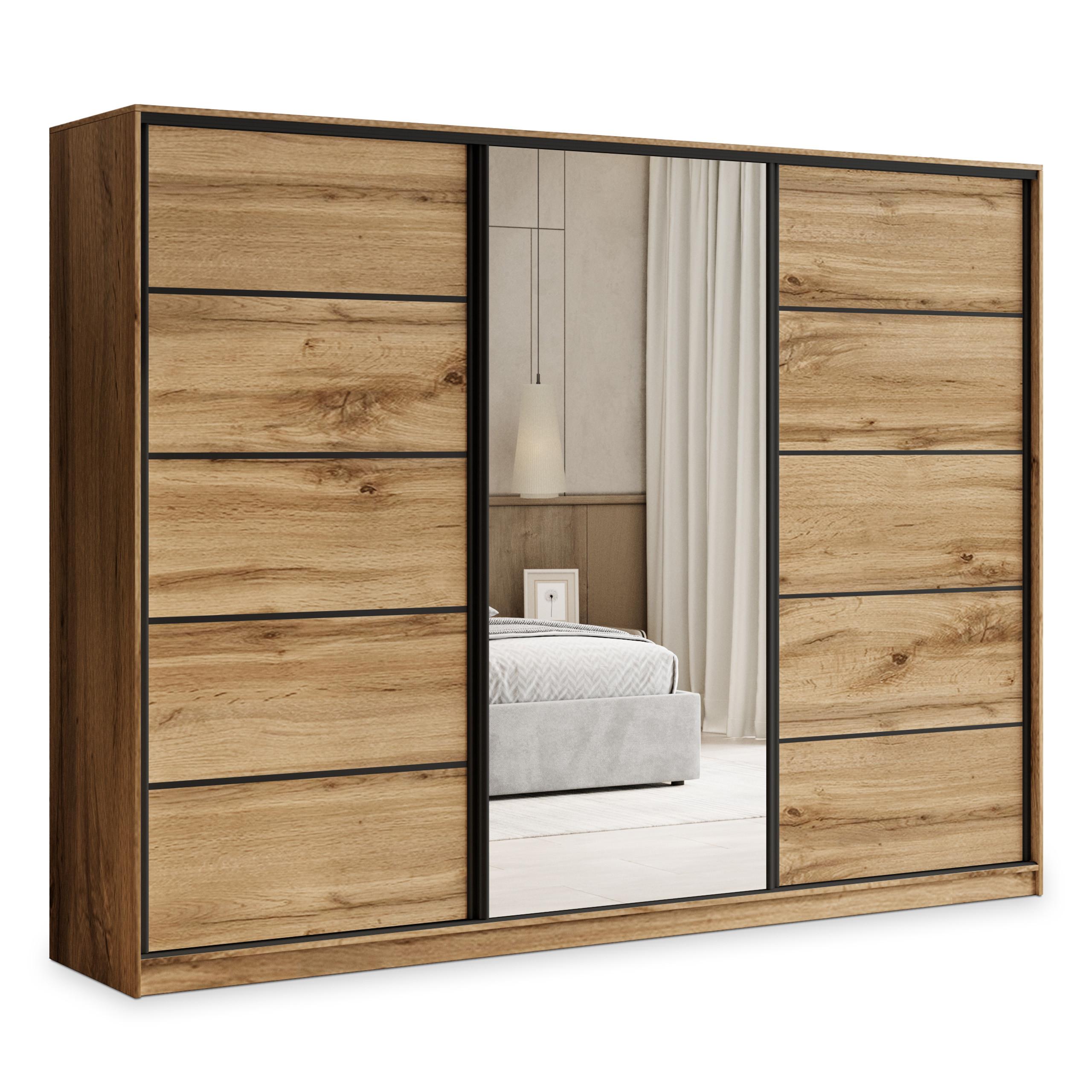 SCHWEBETÜRENSCHRANK PINA 250/205/58 cm 3-türig mit Spiegel und Schubladen Eiche Wotan - Eiche Wotan/Schwarz, Holzwerkstoff (250/205/58cm) - MASSENO