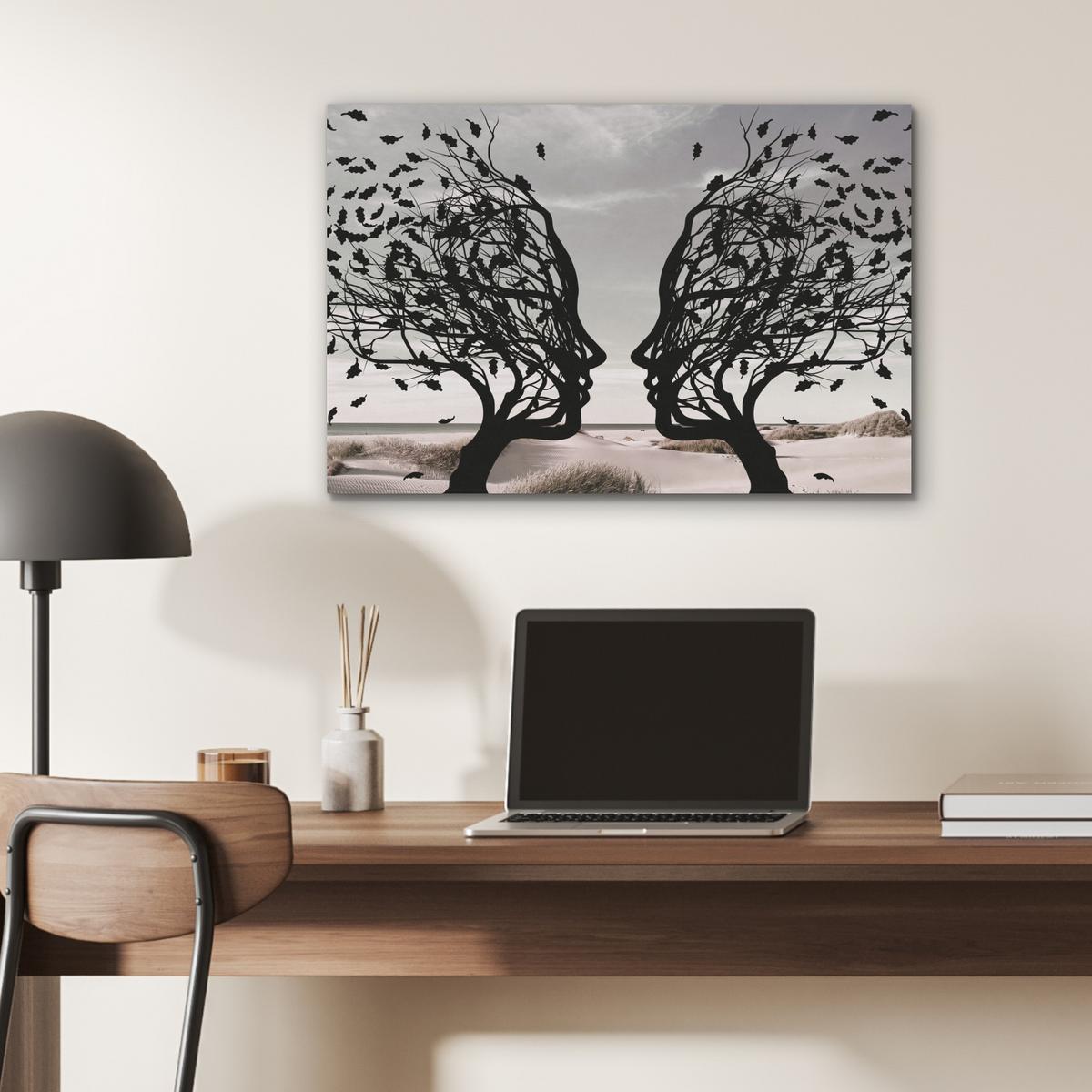 AKUSTIKBILD Strand - Meer - Menschen - Baum - Moderne Kunst Wanddeko 70x50 cm - Hellgrau, Kunststoff (70/50/0.9cm) - MuchoWow