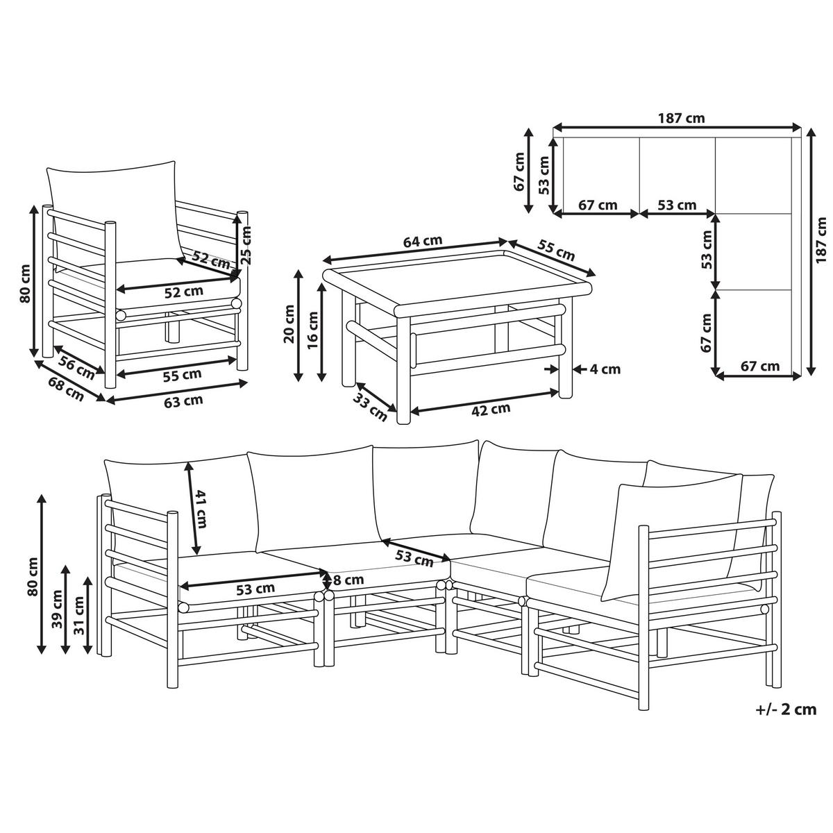 LOUNGE SET 6-Sitzer Bambusholz hellbraun 3-teilig Auflagen taupe Cerreto - Taupe, Holz - Beliani
