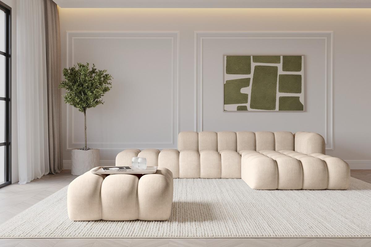 POUF OLEA-PUF 91x87x44 cm Beige Velours Modular Sitzhocker - Schwarz/Sahara, Holzwerkstoff/Kunststoff (91/44/87cm) - ALTDECOR