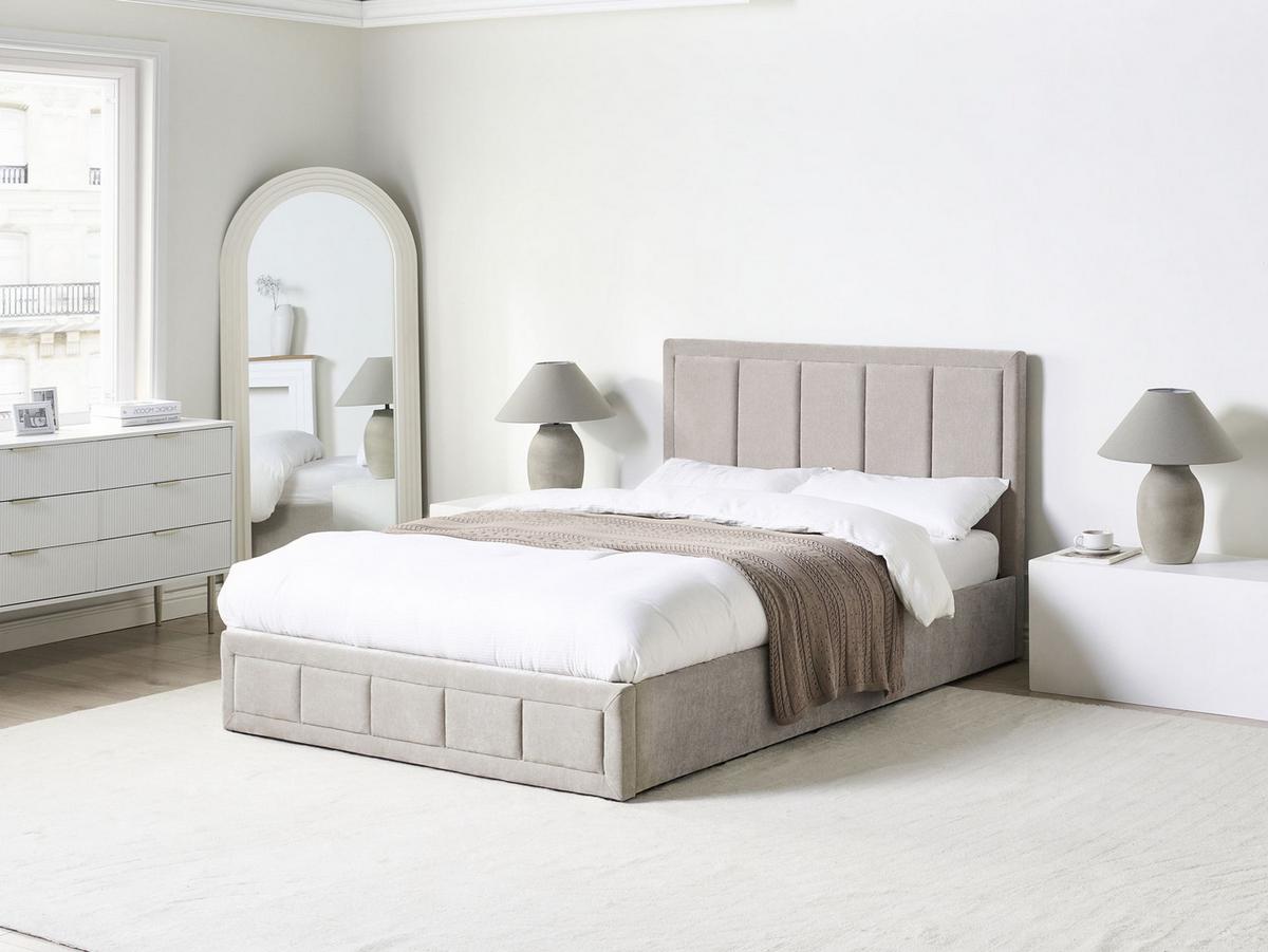 BETT mit Stauraum 140/200 cm Chenillegewebe Taupe Quiberon - Taupe, Textil (140/200cm) - Beliani