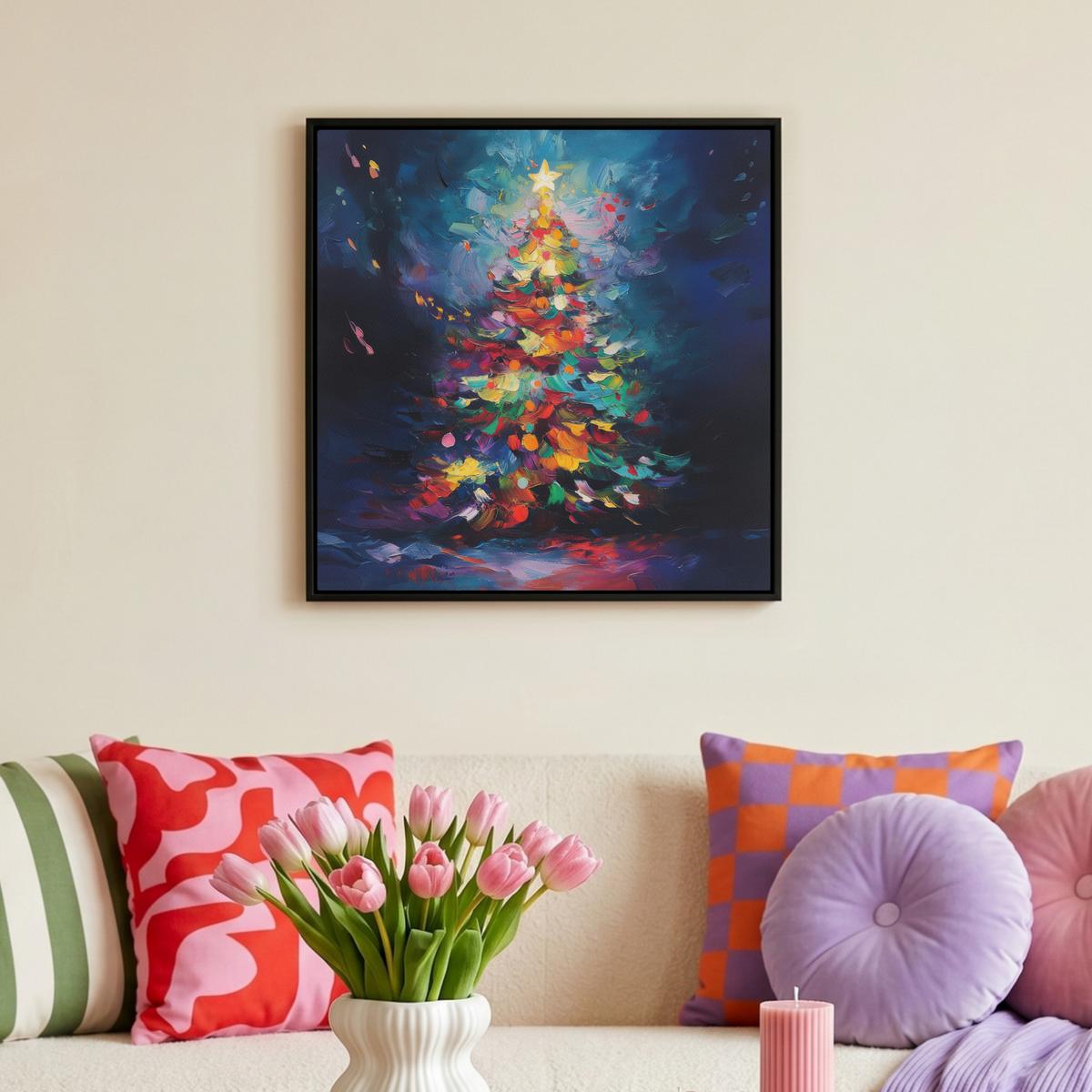 LEINWAND Bilder mit Rahmen - Weihnachtsbaum - Weihnachten - Abstrakt - Farbenfroh - 50x50 - Multicolor, Textil (50/50cm) - MuchoWow