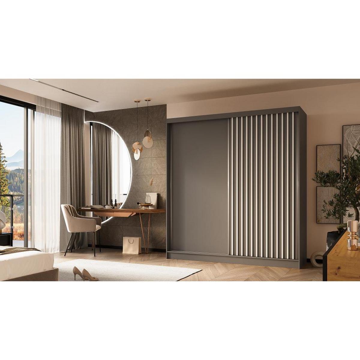 SCHWEBETÜRENSCHRANK Helios II 200/216/61 grau+weiß mit Schubladen - Weiß/Grau, Holzwerkstoff (200/216/61cm) - Beautysofa