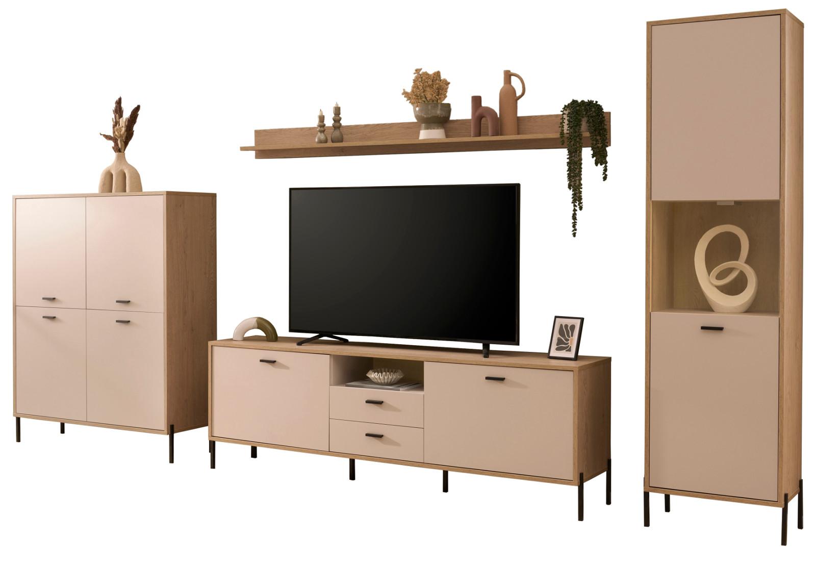 WOHNWAND Kaschmir, Eiche 384 cm Set 4-teilig, Wohnkombination mit Soft-Close - Kaschmir/Eichefarben, Glas/Holzwerkstoff (384/204/40cm) - Furn.Design