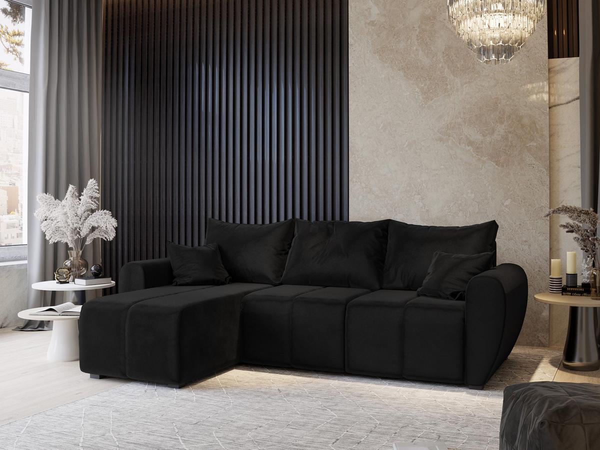 ECKSOFA MADISON Schwarz Plüsch-Stoff mit Schlaffunktion - Schwarz, Holz/Kunststoff (246/143cm) - MASSENO