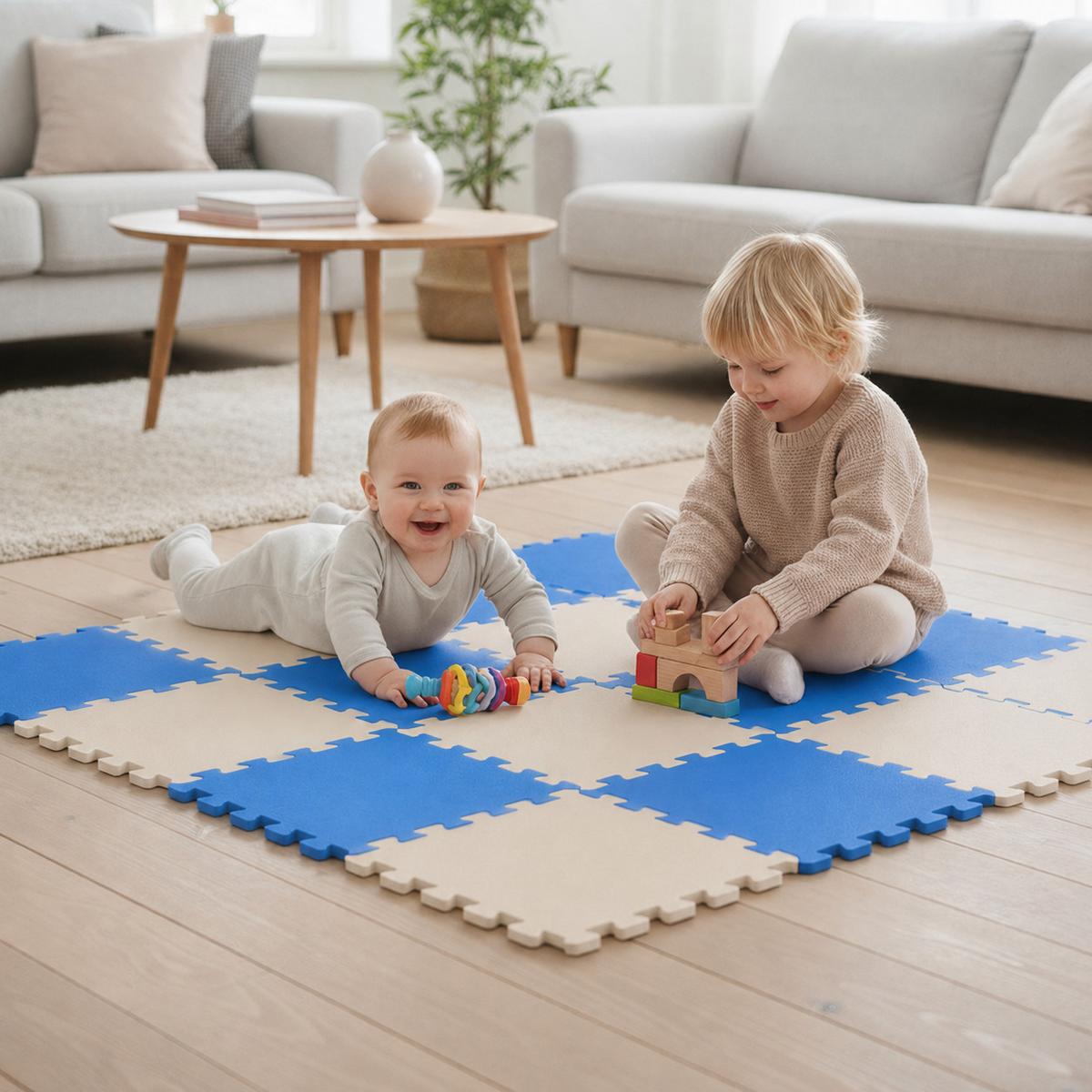 SPIELMATTE ab Null - 180/90/1 cm Puzzlematte Beige - Blau/Beige, Kunststoff (30/30cm) - Littletom