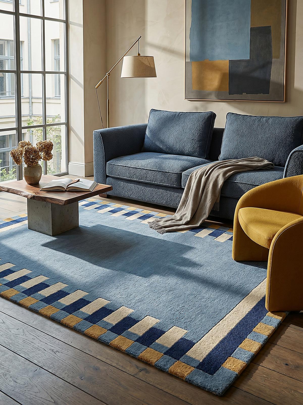 WOLLTEPPICH WENSUM, geometrisch, Blau-Gelb, 200 x 290 cm - Blau, Textil (290/200cm) - KADIMA DESIGN