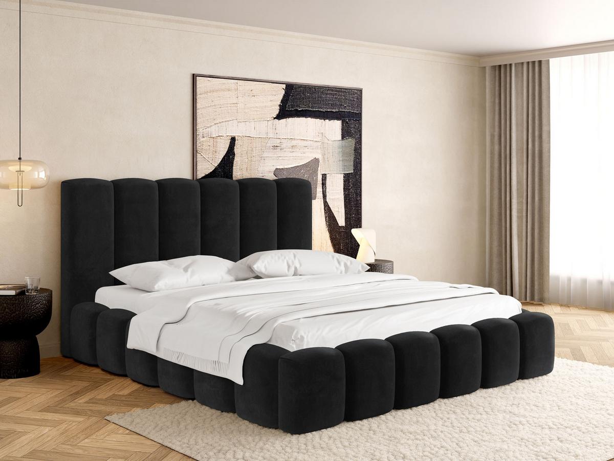 POLSTERBETT Serenity mit Bettkasten, Schwarz Samt 140x200 cm - Schwarz Hochglanz/Birkefarben, Holzwerkstoff/Kunststoff (140/200cm) - WFL GROUP