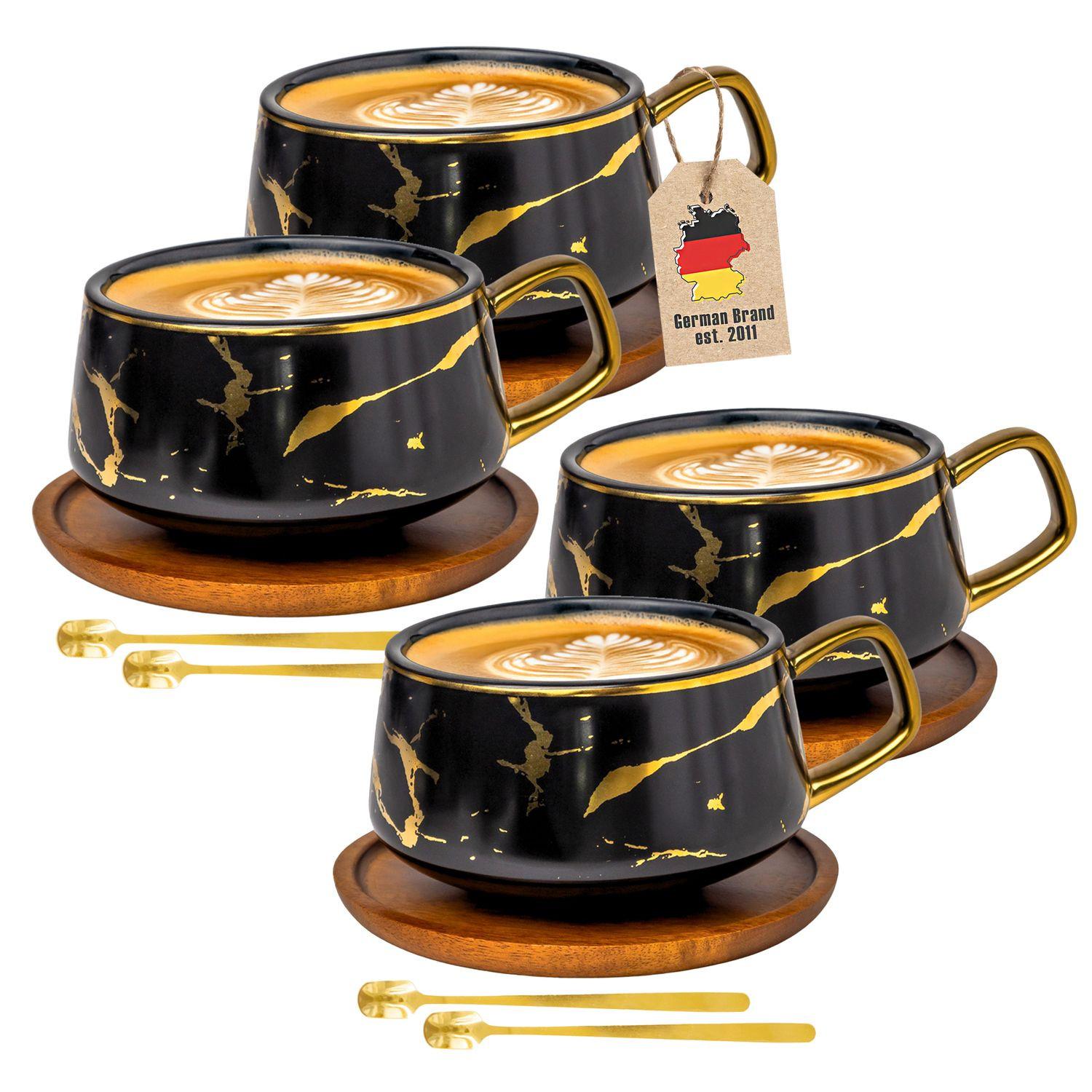 KAFFEETASSE Marmor Design 200 ml mit Untersetzer (4-tlg.) - Schwarz, Keramik (13/6.3/13cm) - Intirilife