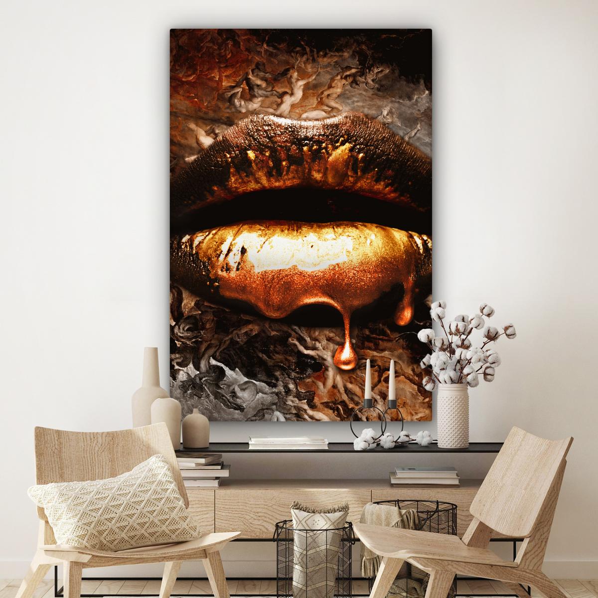 LEINWANDBILD Gold - Lippen - Kunst - Gold - Luxus - Abstrakt Deko Groß 90x140 cm - Kupferfarben, Textil (90/140cm) - MuchoWow
