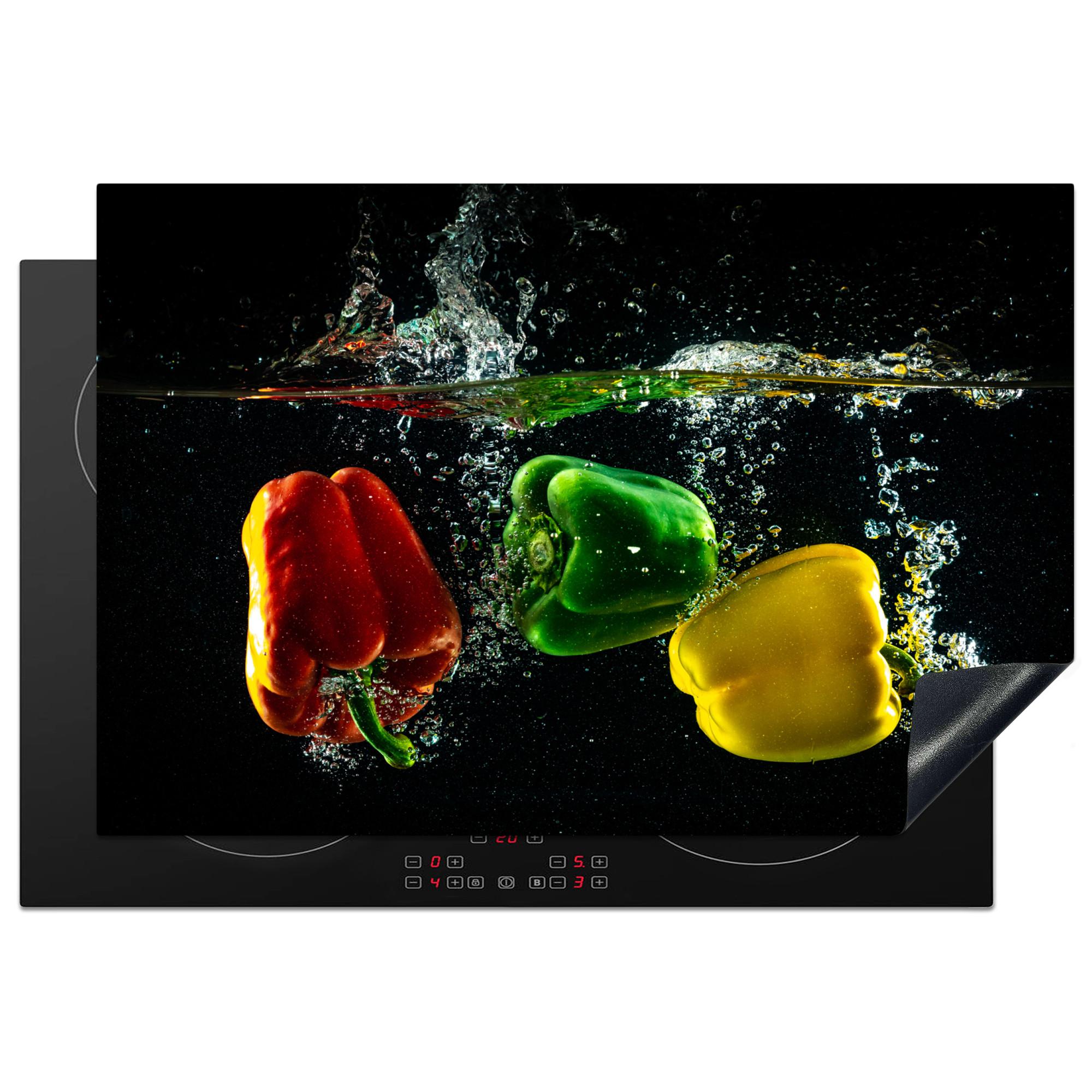 HERDABDECKPLATTE Paprika - Gemüse - Wasser - Schwarz - Rot - Grün - Gelb Induktionsmatte 77x51 cm - Multicolor, Kunststoff (77/51/0.2cm) - MuchoWow