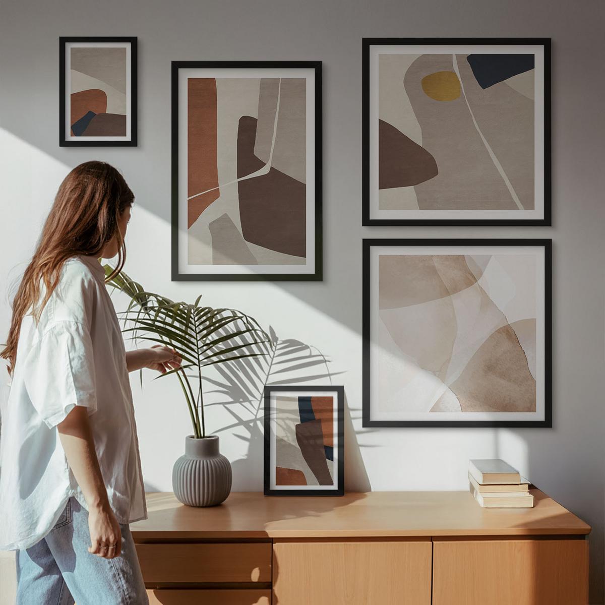 BILDER SET 5er Set - 50x50 cm & 20x30 cm & 40x60 cm Schwarzer Rahmen - Abstrakte moderne Formen - Schwarz, Kunststoff (40/60cm) - TULUP