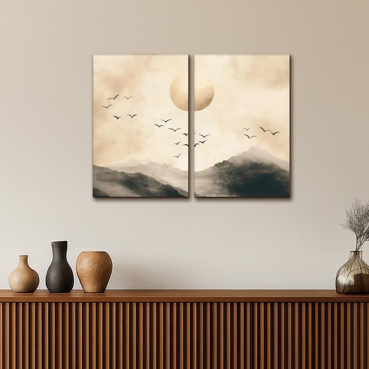 LEINWANDBILD 2er Set Landschaft - Japandi - Beige - Vögel 80x60 cm - Beige, Textil (80/60cm) - MuchoWow