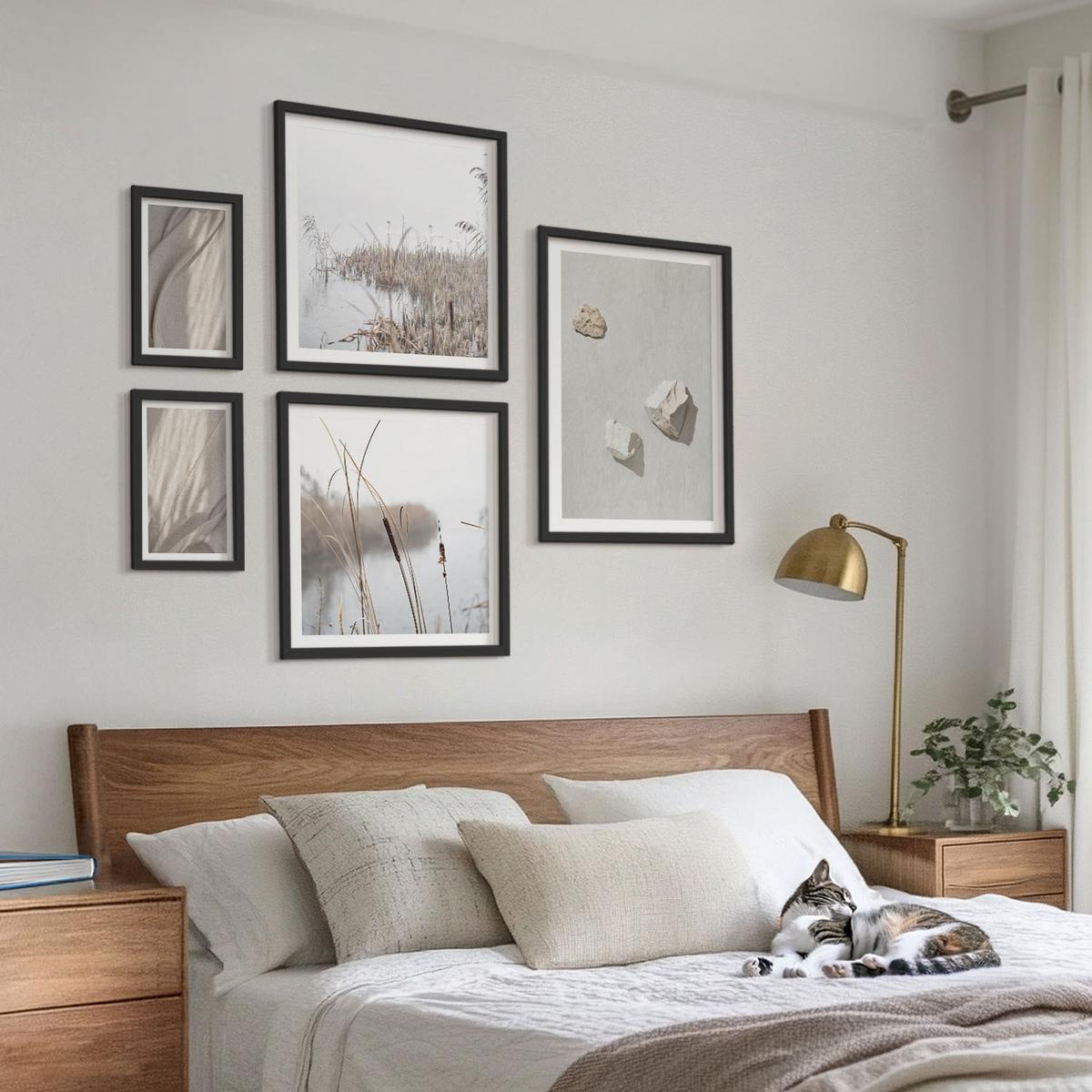 BILDER SET 5er Set - 50x50 cm & 20x30 cm & 40x60 cm Schwarzer Rahmen - Nahaufnahmen der Struktur im Boho-Stil - Schwarz, Kunststoff (40/60cm) - TULUP