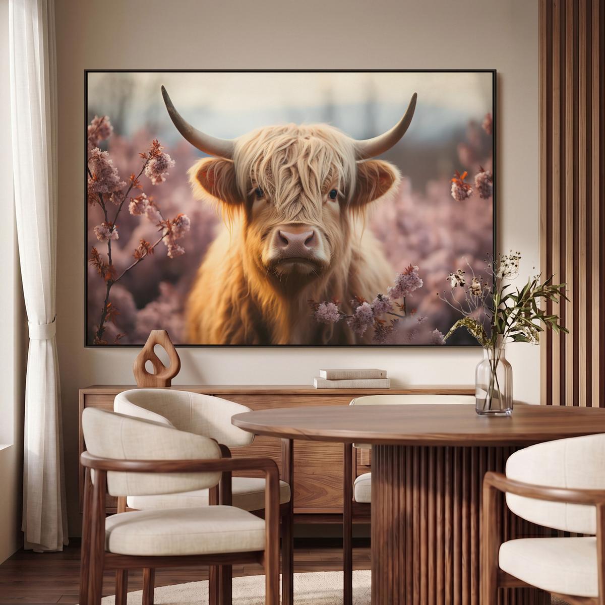 LEINWAND Bilder mit Rahmen - Schottischer Hochländer - Frühling - Hochland - 120x80 - Hellrosa, Textil (120/80cm) - MuchoWow