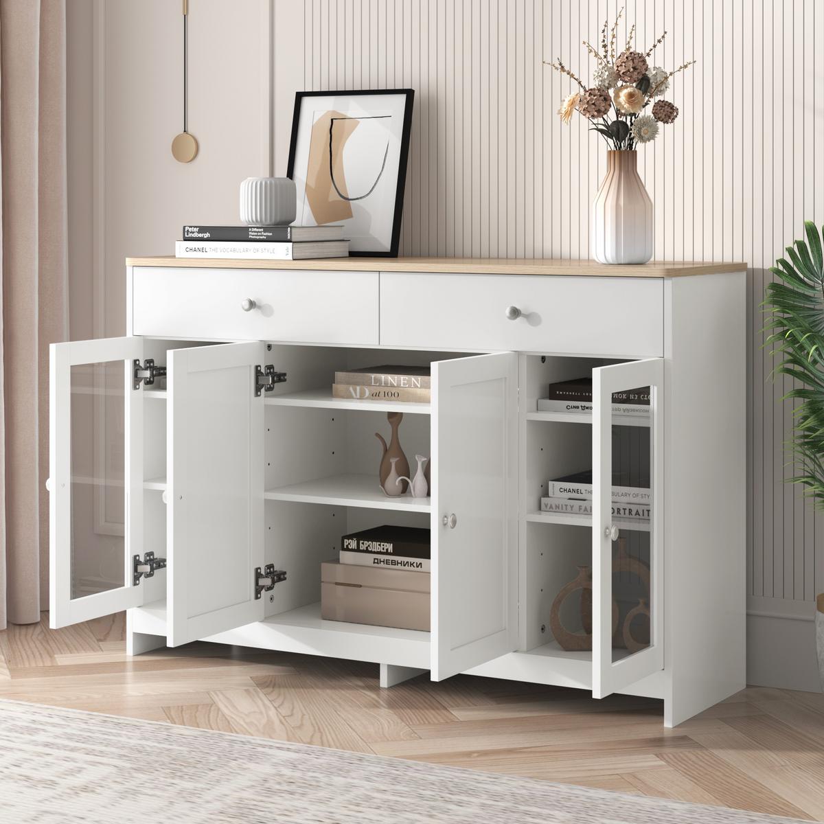 SIDEBOARD weiß & holzoptik mit glastüren & 2 schubladen - Weiß, Holzwerkstoff (120/80/37cm) - Urban Meuble