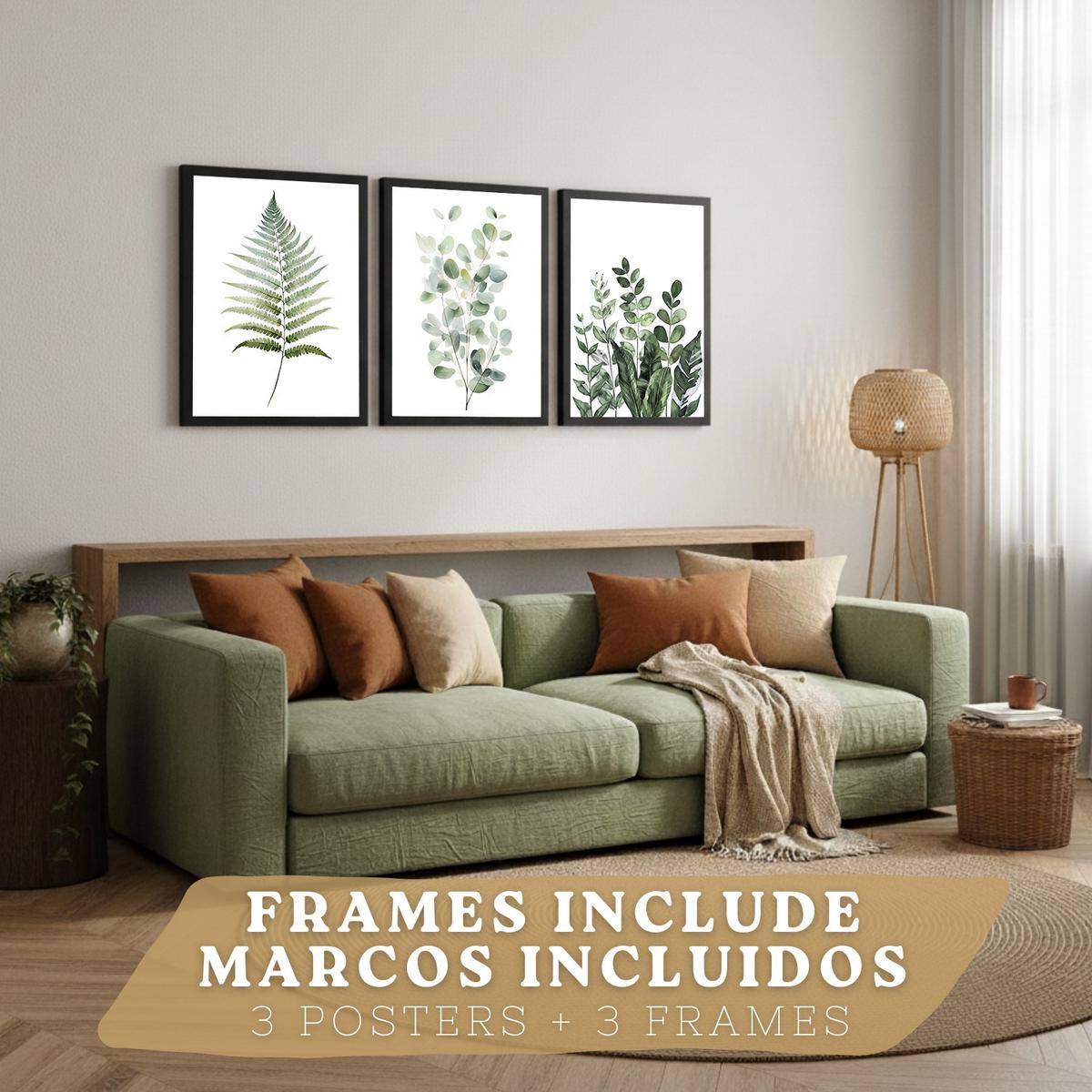 POSTER 3er Bilder-Set Wandbilder Botanisch Grün modern Wohnzimmer Deko, Schlafzimmer, Küche, Badezimmer Schwarzer Rahmen A4 - Schwarz, Papier (29.7/1/21cm) - Nacnic