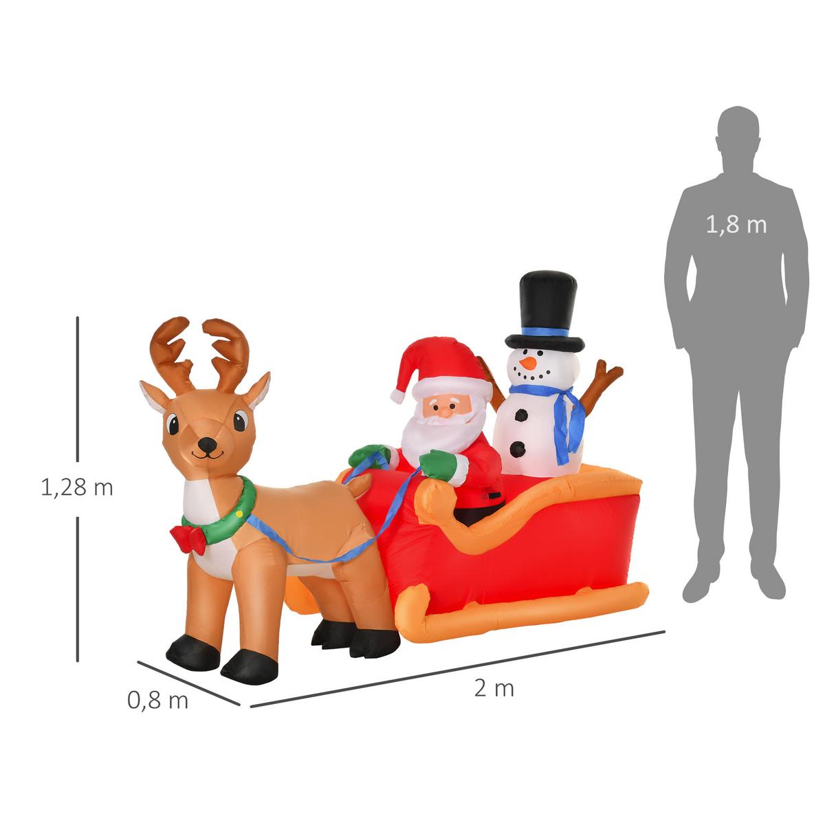 AUFBLASBARER Weihnachtsmann auf Schlitten mit Schneemann LED Polyester - Multicolor, Kunststoff (80/128/200cm) - HOMCOM