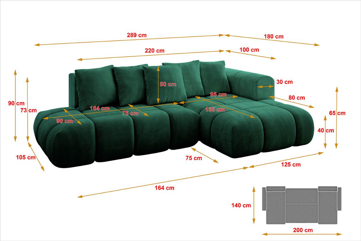 ECKSOFA Ottomane Rechts CLOUD-L-v1 280x185x90 Dunkelgrün Velours - Dunkelgrün, Holzwerkstoff/Kunststoff (185/280cm) - ALTDECOR
