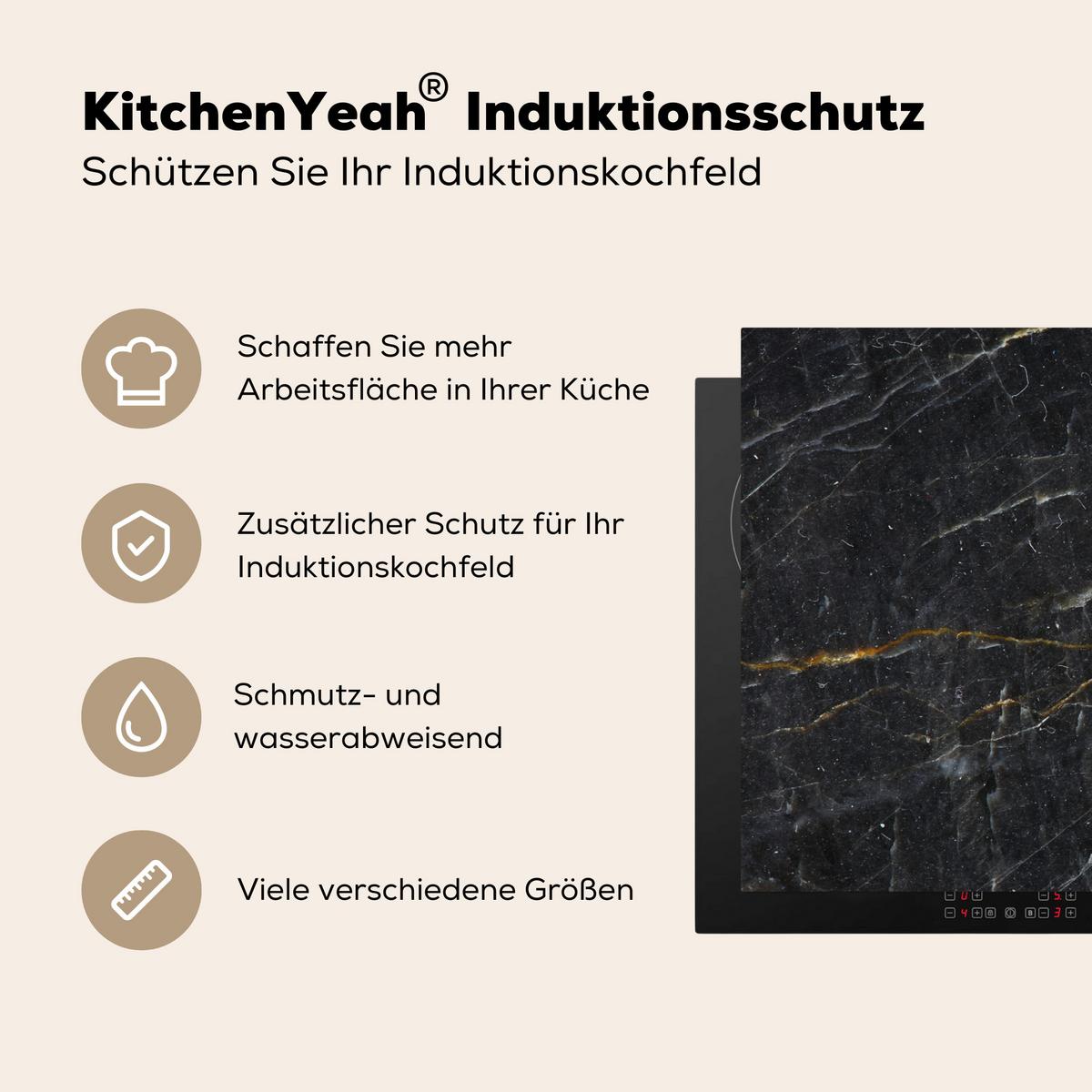 HERDABDECKPLATTE Marmor - Schwarz - Gold - Grau - Marmorstruktur Ceranfeldabdeckung 90x52 cm - Goldfarben, Kunststoff (90/52/0.2cm) - MuchoWow