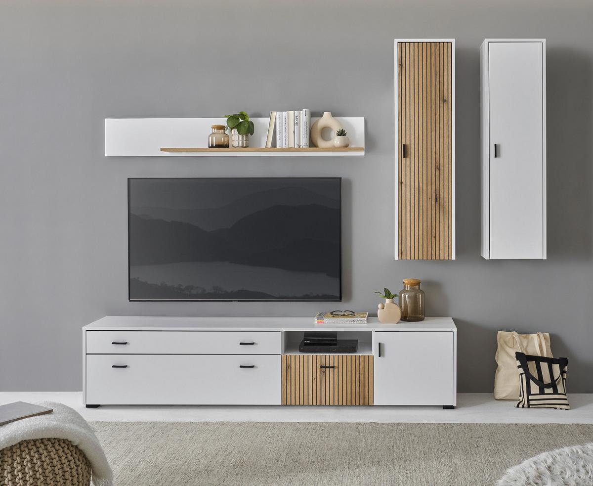 HÄNGESCHRANK weiß matt, Eiche 33 x 120 cm, Wohn- und Esszimmer Wandschrank mit Soft-Close - Eichefarben/Schwarz, Holzwerkstoff/Metall (33/120/30cm) - Furn.Design