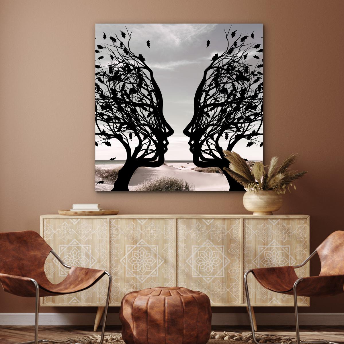 METALLBILD Strand - Meer - Menschen - Baum - Moderne Kunst 90x90 cm - Hellgrau, Metall (90/90cm) - MuchoWow