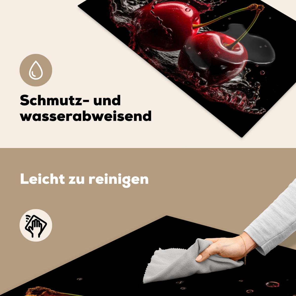 HERDABDECKPLATTE Kirsche - Rot - Frucht - Wasser - Schwarz Induktionsschutz 91.6x52.7 cm - Kirschrot, Kunststoff (91.6/52.7/0.2cm) - MuchoWow