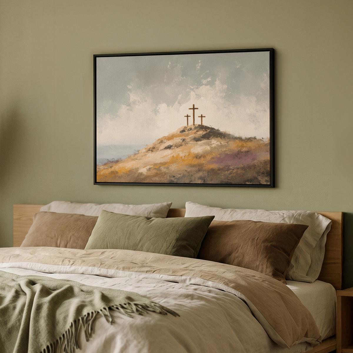 LEINWAND Bilder mit Rahmen - Hügel - Abstrakt - Christentum - Kreuz - 70x50 - Hellgrau, Textil (70/50cm) - MuchoWow