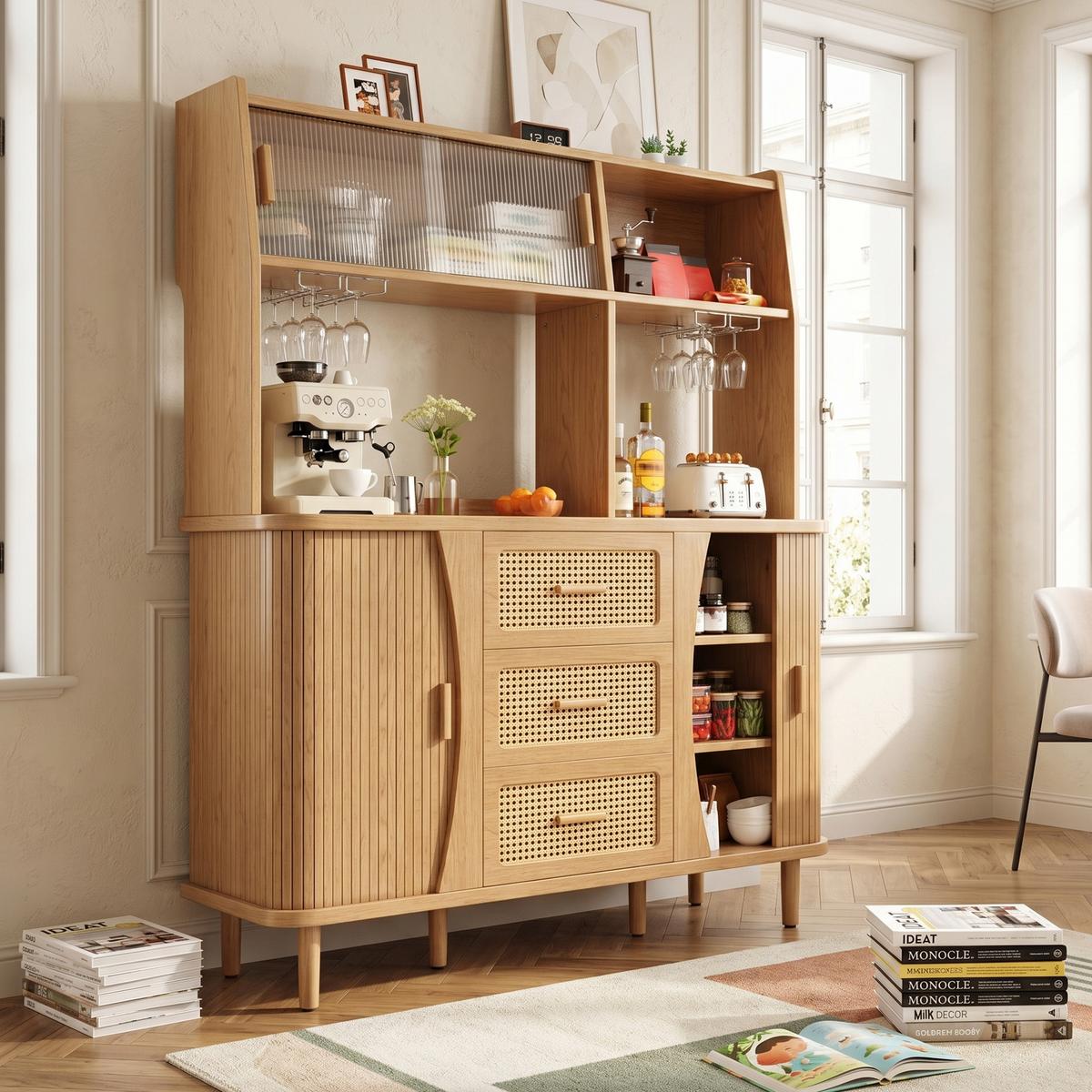 BUFFETSCHRANK Holzoptik mit Rattan & Glasschiebetüren, 140x174,5cm, Küchenschrank - Naturfarben, Holzwerkstoff (140/174.5/40.5cm) - Urban Meuble