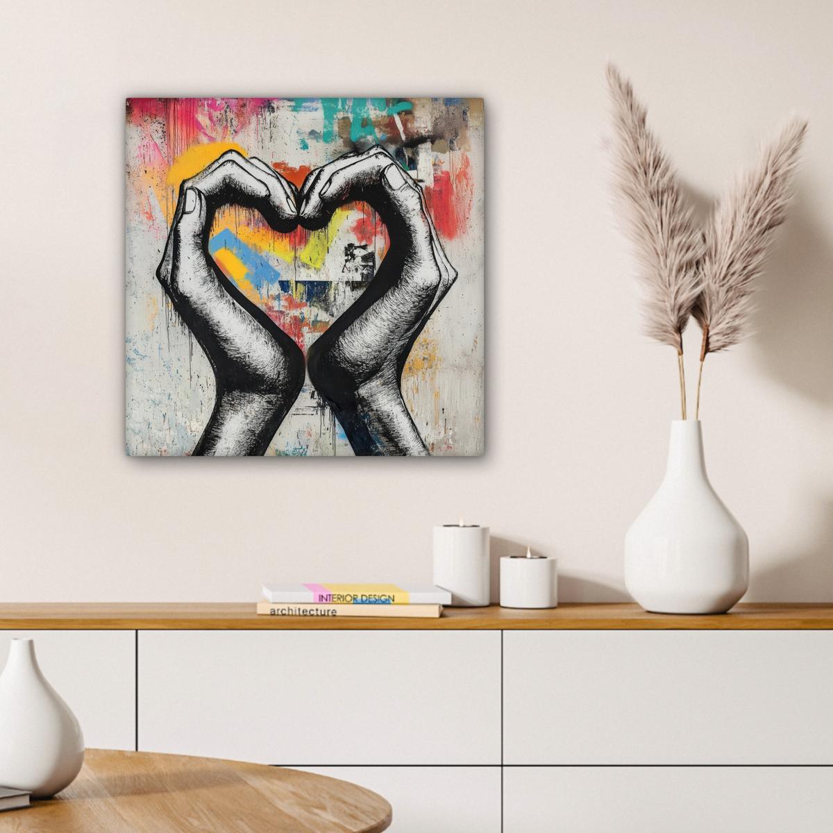 LEINWANDBILD Hände - Herz - Straßenkunst - Graffiti Wandbild Wohnzimmer 50x50 cm - Multicolor, Textil (50/50cm) - MuchoWow