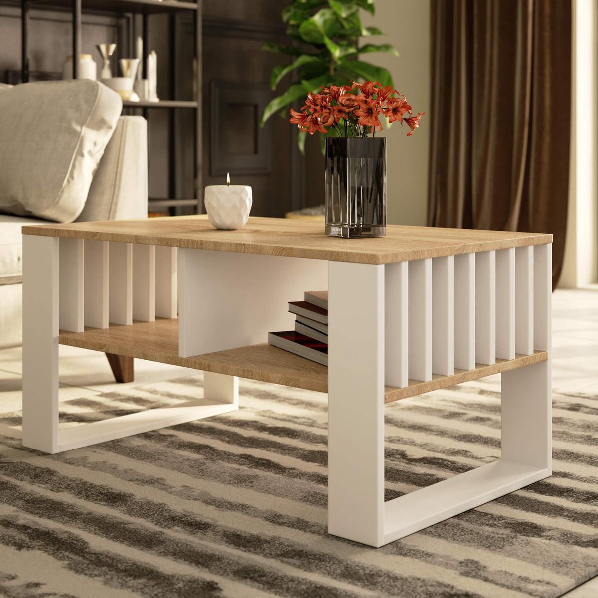 COUCHTISCH Rockford mit Stauraum - Weiß/Sonoma Eiche, Holzwerkstoff (53/92/45cm) - RAUMHIRSCH FURNITURE