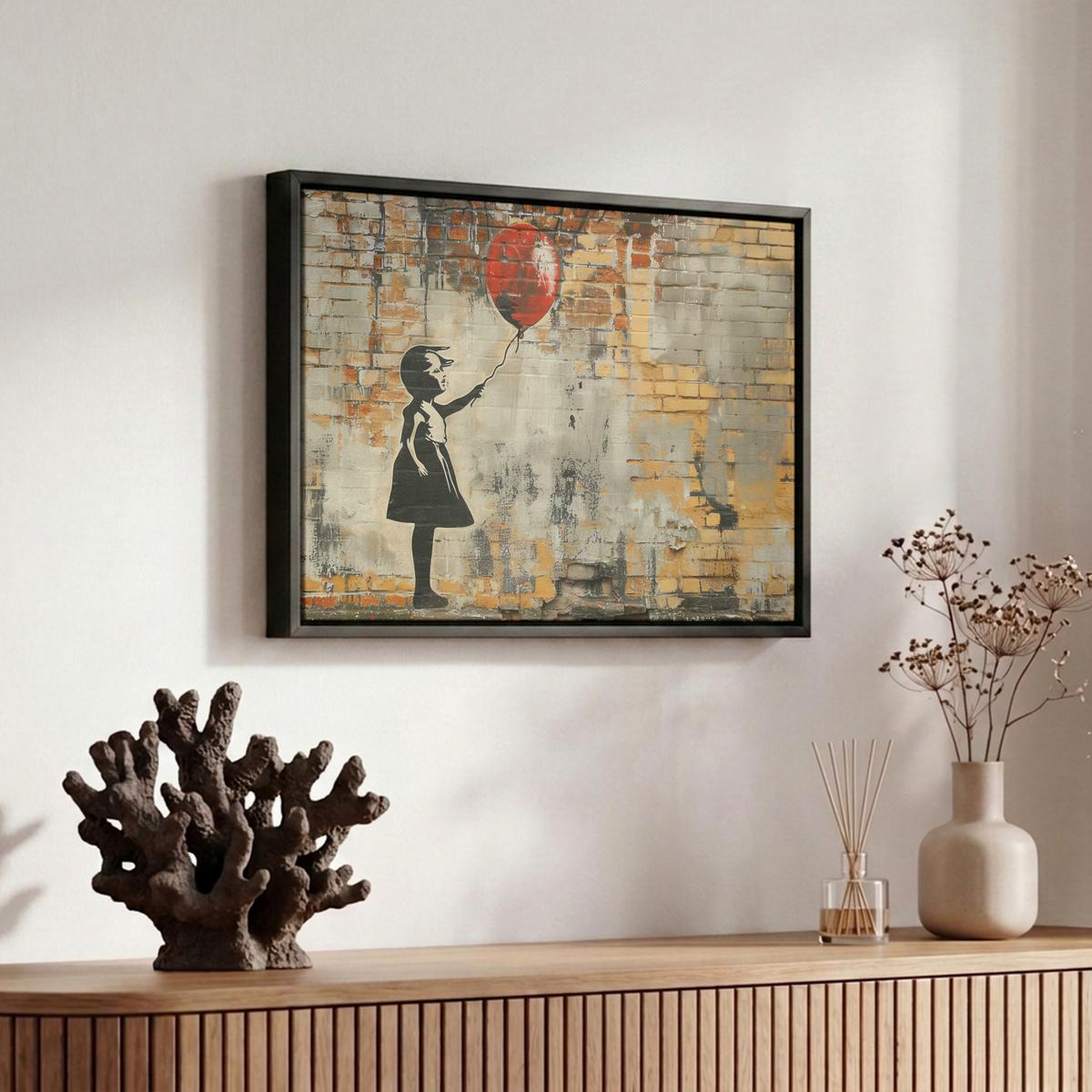 LEINWAND Bilder mit Rahmen - Graffiti - Banksy - Mädchen - Straßenkunst - 30x20 - Sandfarben, Textil (30/20cm) - MuchoWow