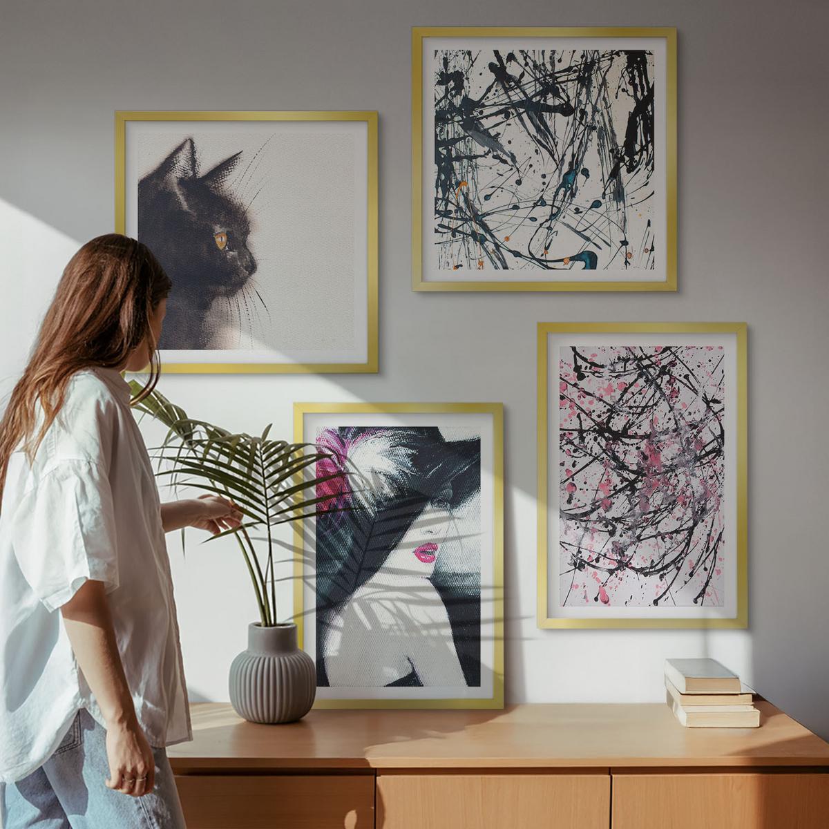 BILDER SET 4er Set - 50x50 cm & 40x60 cm Goldrahmen - Abstrakte Katzenmalereien - Goldfarben, Kunststoff (50/50cm) - TULUP