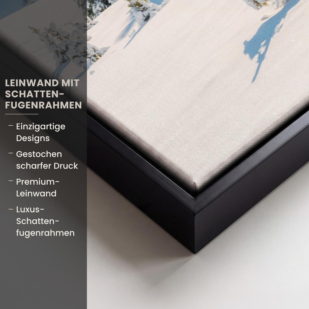 LEINWAND Bilder mit Rahmen - Winter - Hütte - Berge - Aussicht - Schnee - 50x50 - Eichefarben, Textil (50/50cm) - MuchoWow