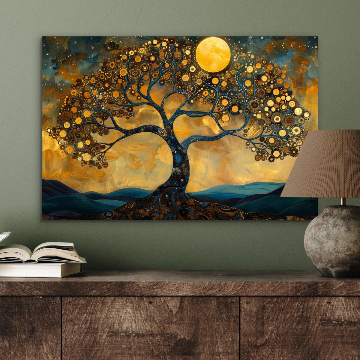 METALLBILD Baum - Mond - Blumen - Gold - Kunst Wandbild 60x40 cm - Orange, Metall (60/40cm) - MuchoWow