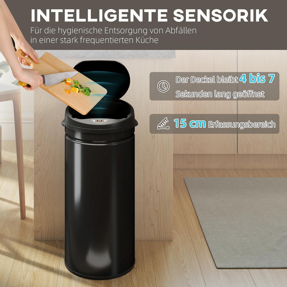 MÜLLEIMER mit Sensor 42L Edelstahl Automatischer Mülleimer mit Soft-Close-Deckel - Schwarz, Metall (30.5/68/30.5cm) - HOMCOM