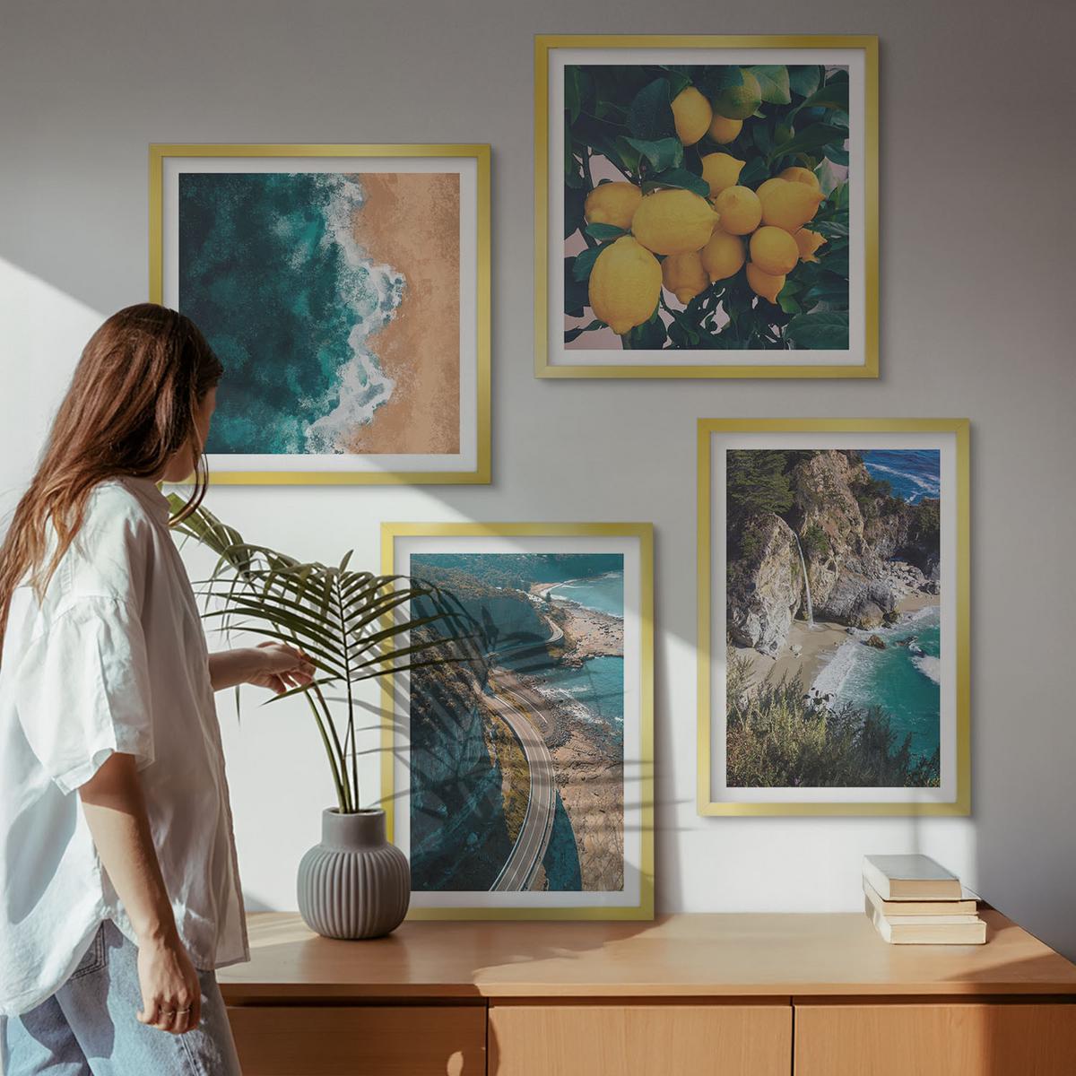 BILDER SET 4er Set - 50x50 cm & 40x60 cm Goldrahmen - Meerstrand Zitronen Berge - Goldfarben, Kunststoff (50/50cm) - TULUP