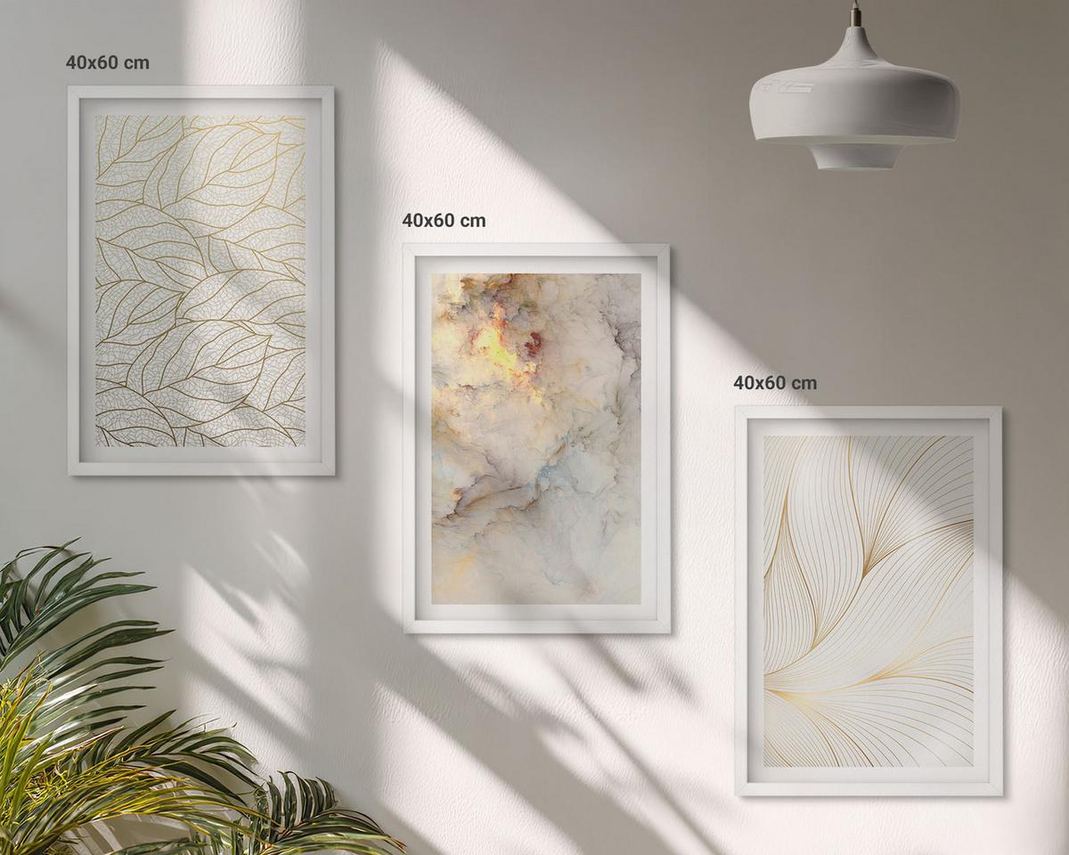 BILDER SET 3er Set - 40x60 cm Weißer Rahmen - Blättermuster Marmor abstrakt - Weiß, Kunststoff (40/60cm) - TULUP
