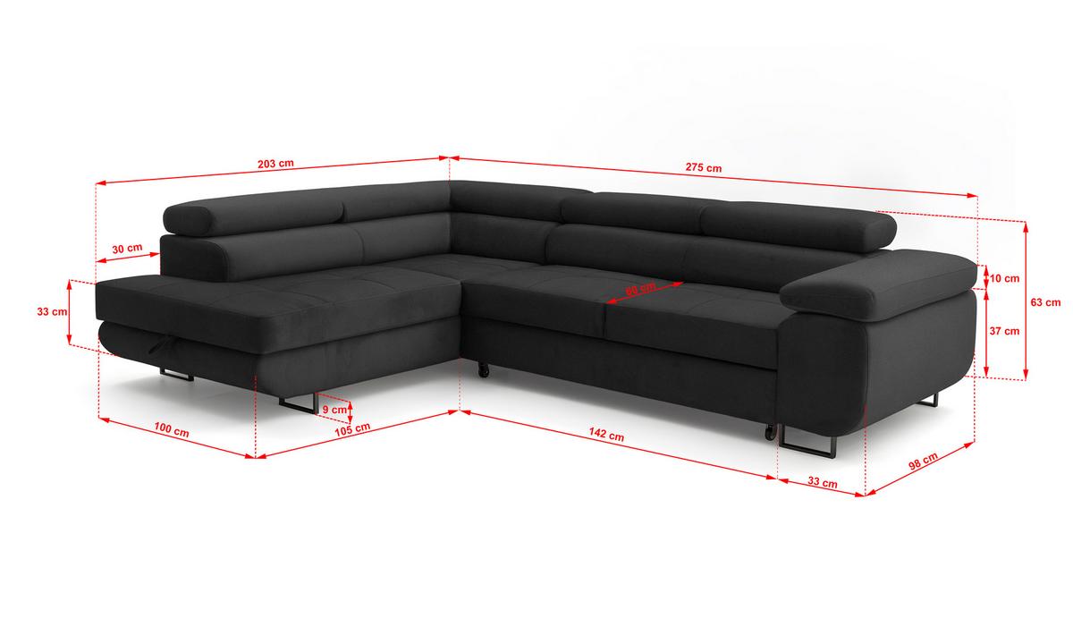 ECKSOFA Velmo mit Bettkasten und Schlaffunktion, verstellbaren Kopfstützen, in L-Form - Dunkelgrau, Textil (275/203cm)