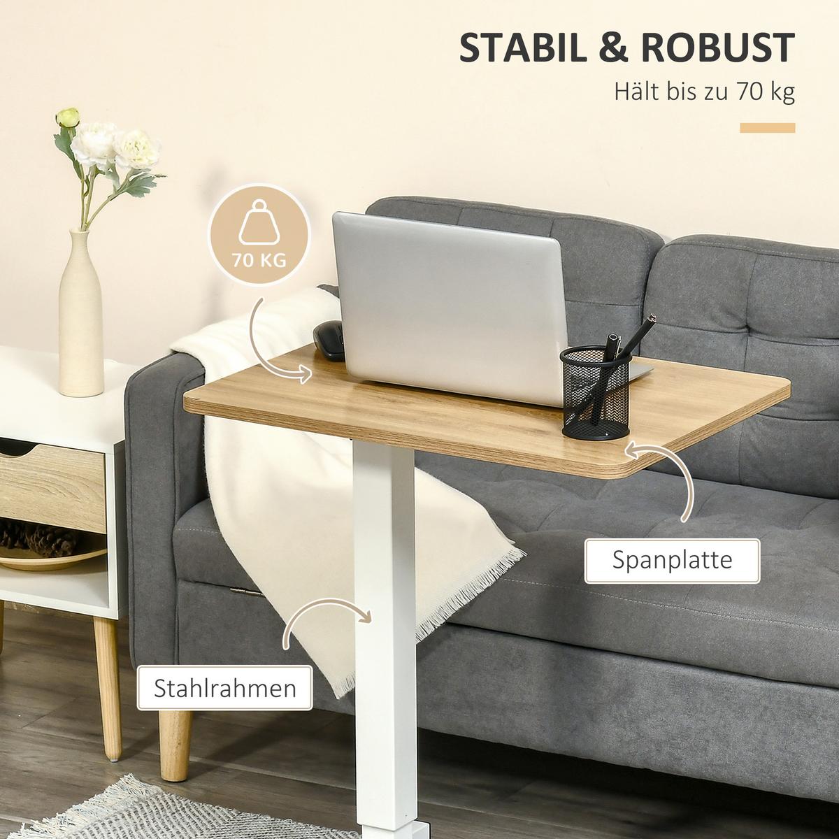 SCHREIBTISCH Laptoptisch mit Gaslift Höhenverstellbar C-Form Beweglich bis 70kg - Naturfarben, Kunststoff (65/48/110cm) - HOMCOM
